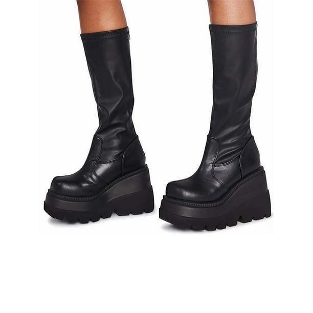 Chic Gothic Womens Wedge Platform Heels Knee High Boot Fashion Lace Up Shoes
